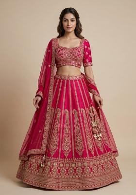Pink Embroidery Poly Blend Lehenga Set