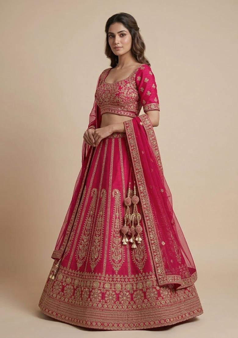 Pink Embroidery Poly Blend Lehenga Set - Indya