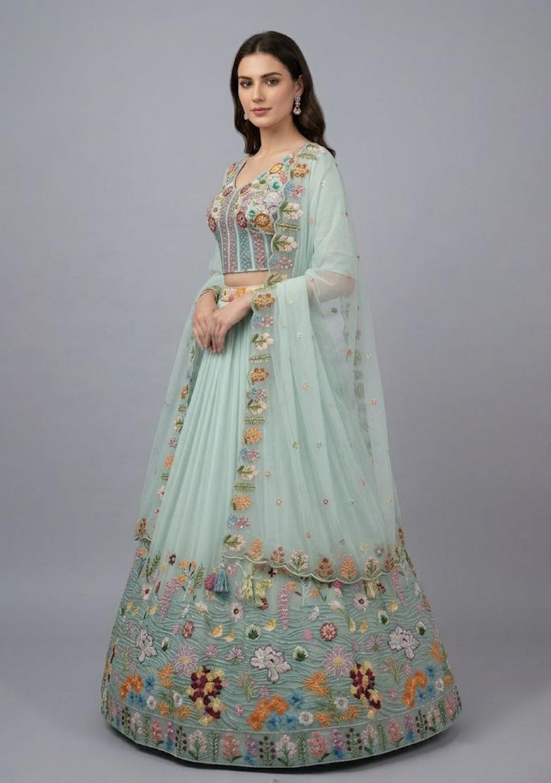 Green Embroidery Poly Blend Lehenga Set - Indya