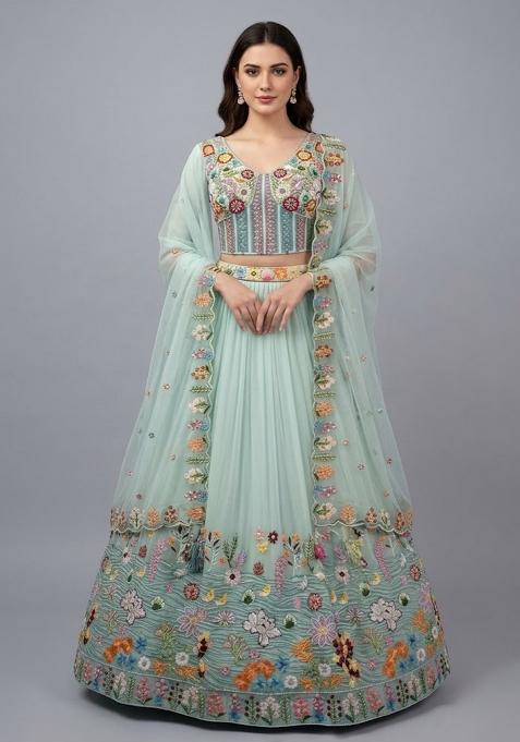 Green Embroidery Poly Blend Lehenga Set