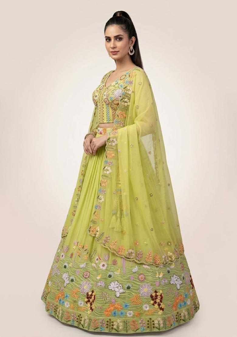 Green Embroidery Poly Blend Lehenga Set - Indya