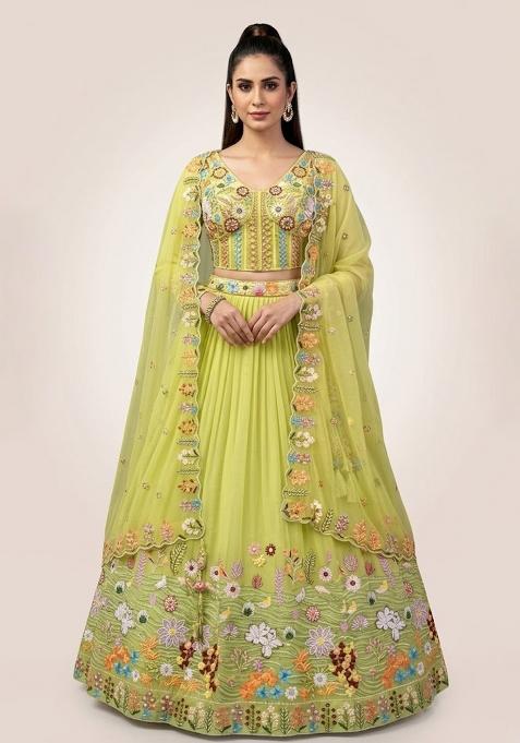 Green Embroidery Poly Blend Lehenga Set