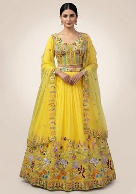 Yellow Embroidery Poly Blend Lehenga Set