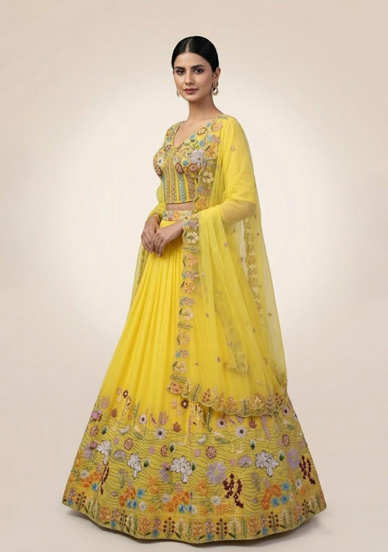 Yellow Embroidery Poly Blend Lehenga Set - Indya