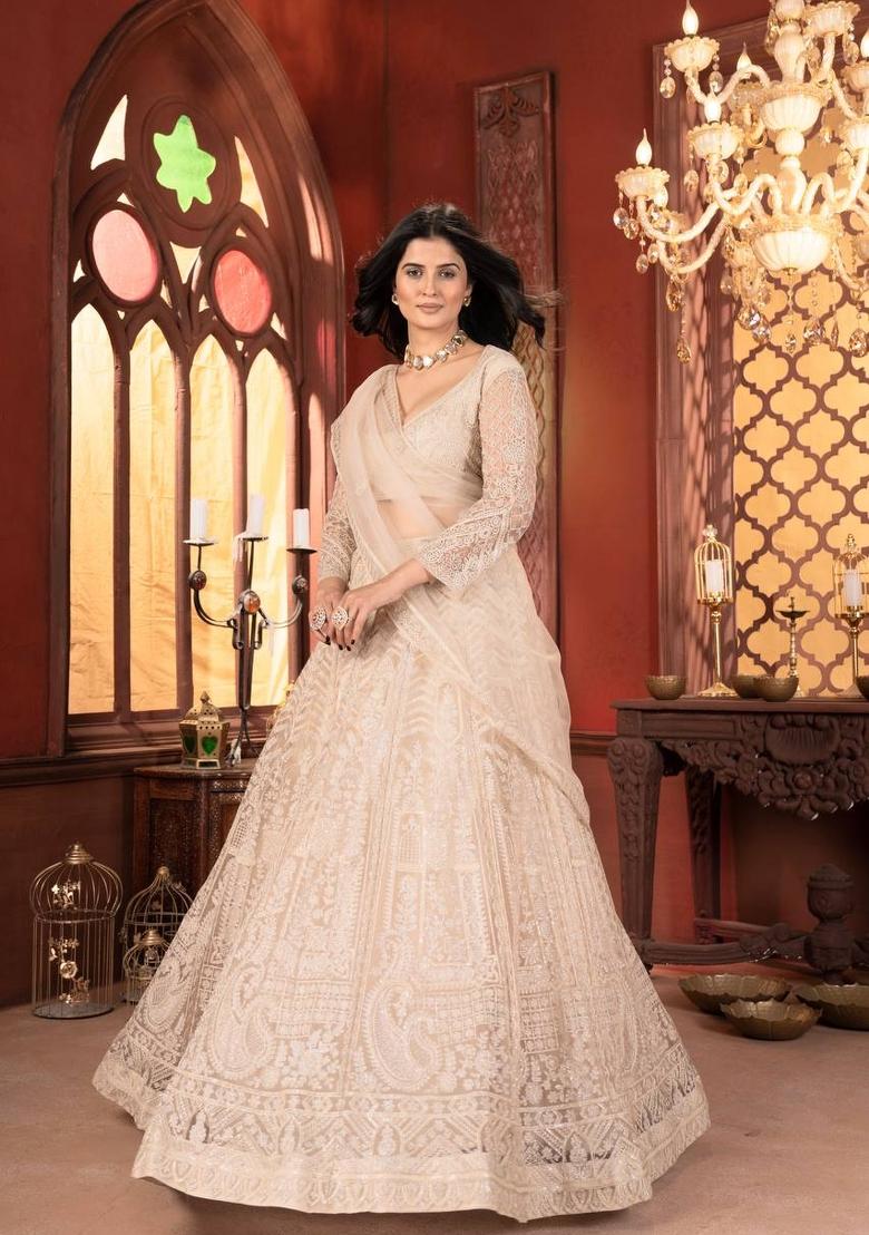 White Embroidery Net Lehenga Set - Indya
