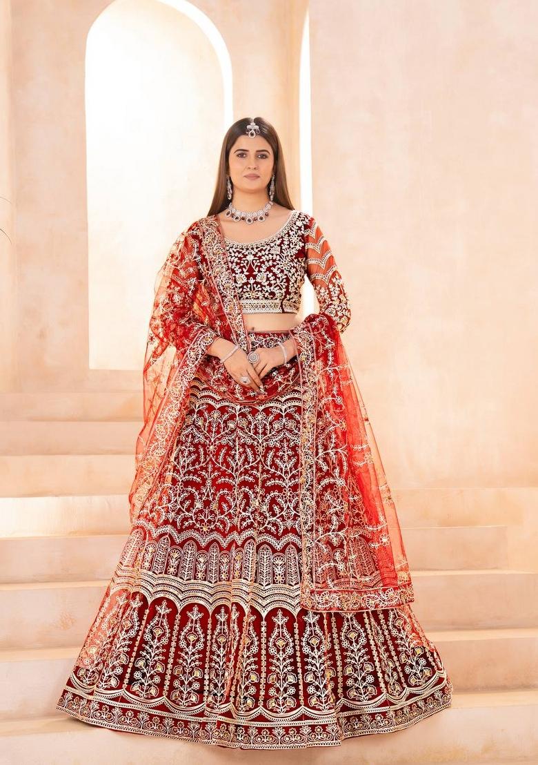 Red Embroidery Net Lehenga Set - Indya