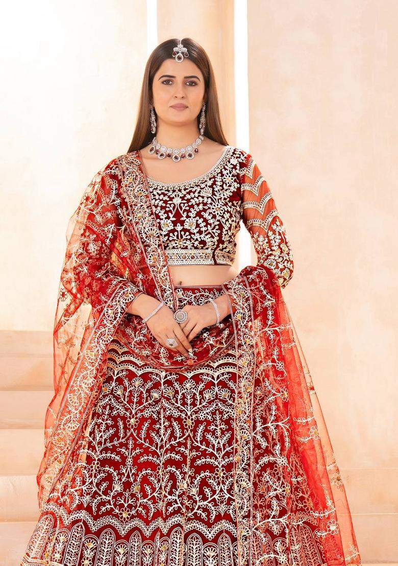 Red Embroidery Net Lehenga Set - Indya