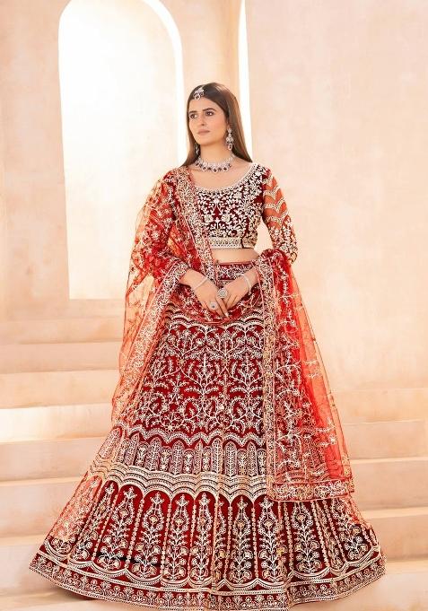Red Embroidery Net Lehenga Set — view on Indya