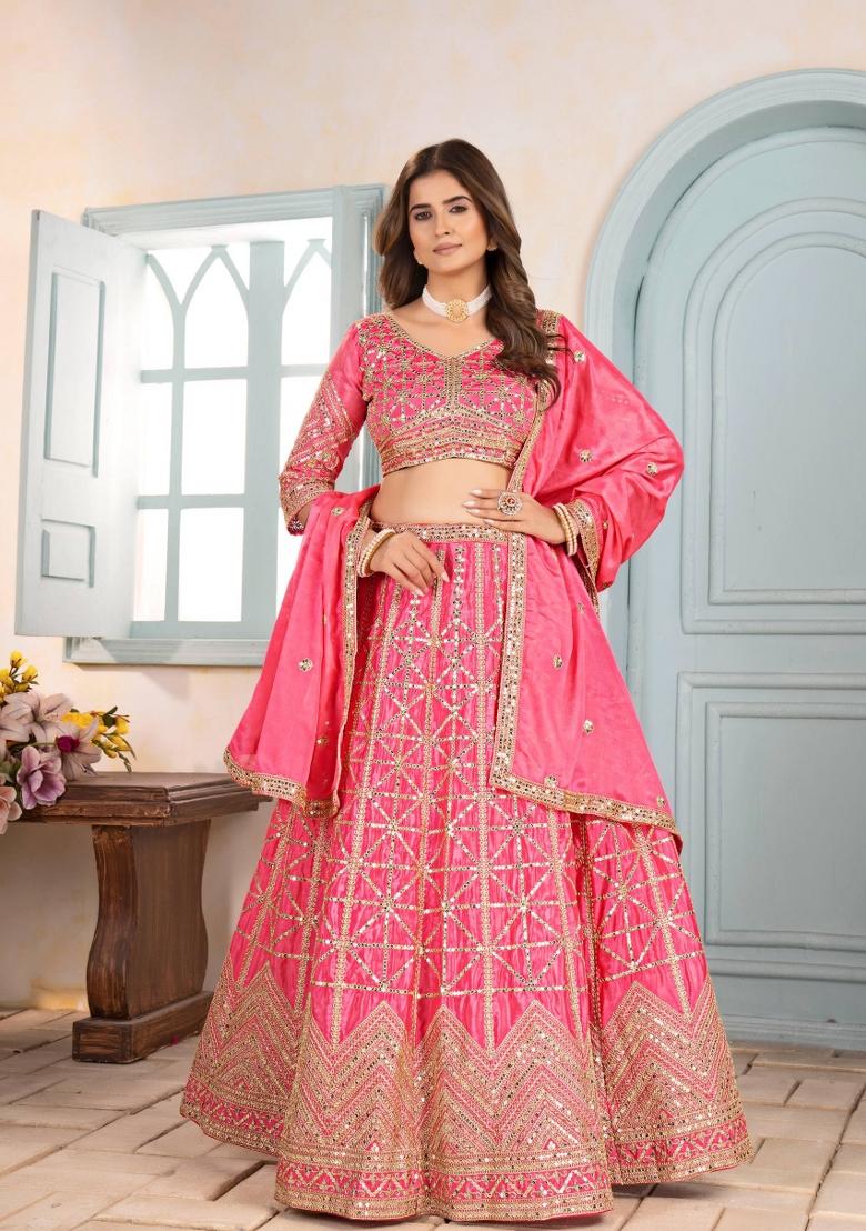 Pink Embroidery Chinon Lehenga Set - Indya