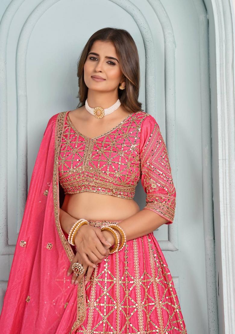 Pink Embroidery Chinon Lehenga Set - Indya