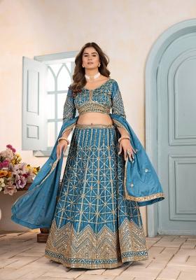 Sky Blue Embroidery Chinon Lehenga Set