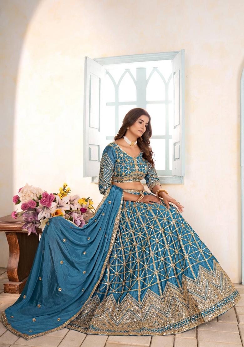 Sky Blue Embroidery Chinon Lehenga Set - Indya