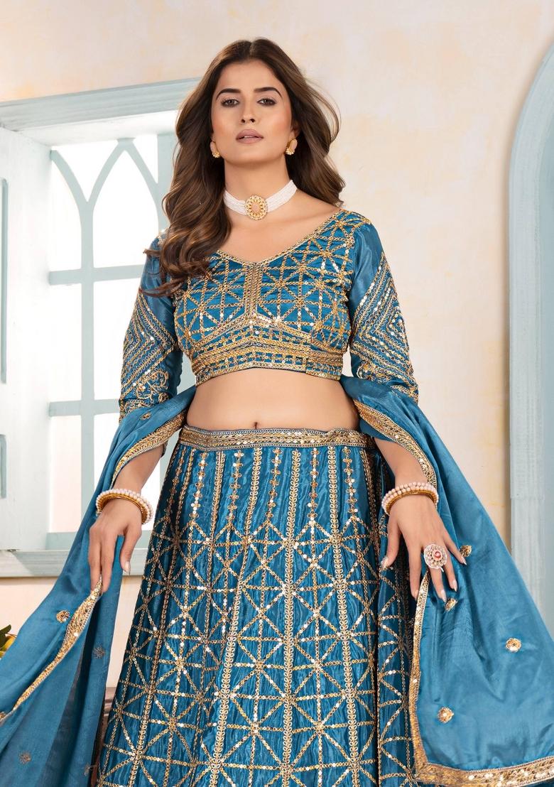 Sky Blue Embroidery Chinon Lehenga Set - Indya