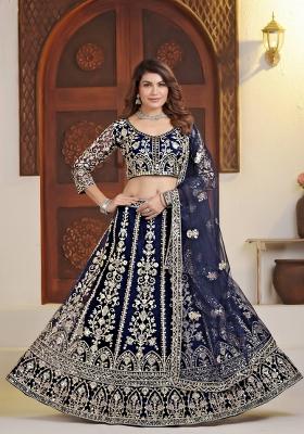 Dark Blue Embroidery Net Lehenga Set