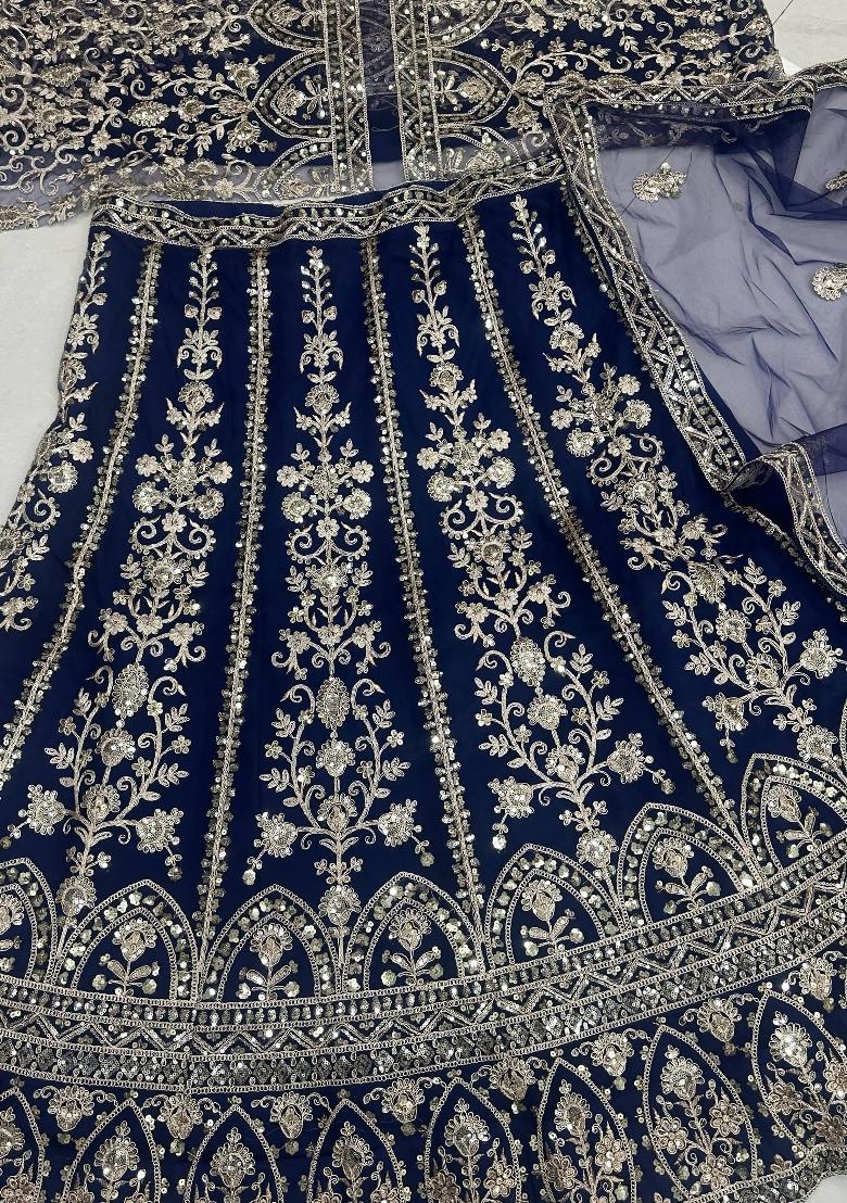 Dark Blue Embroidery Net Lehenga Set - Indya