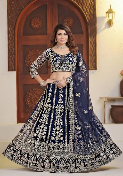 Dark Blue Embroidery Net Lehenga Set