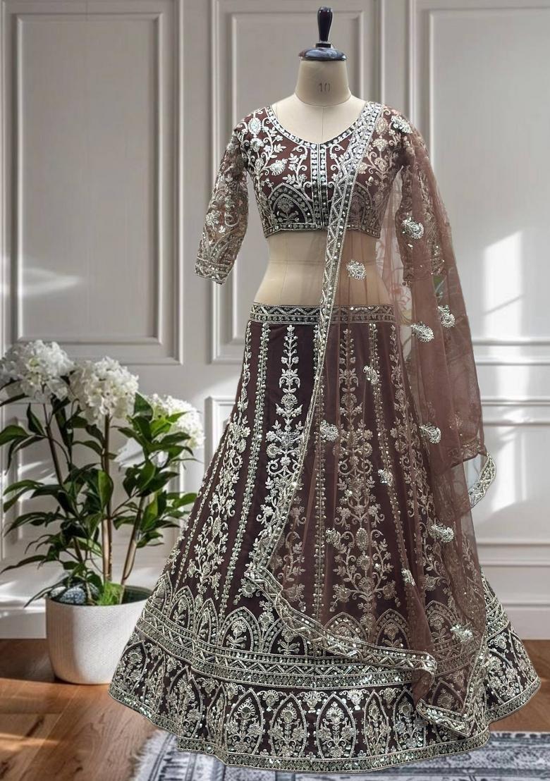 Brown Embroidery Net Lehenga Set - Indya