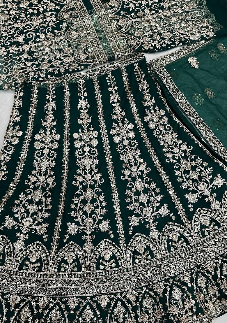 Green Embroidery Net Lehenga Set - Indya