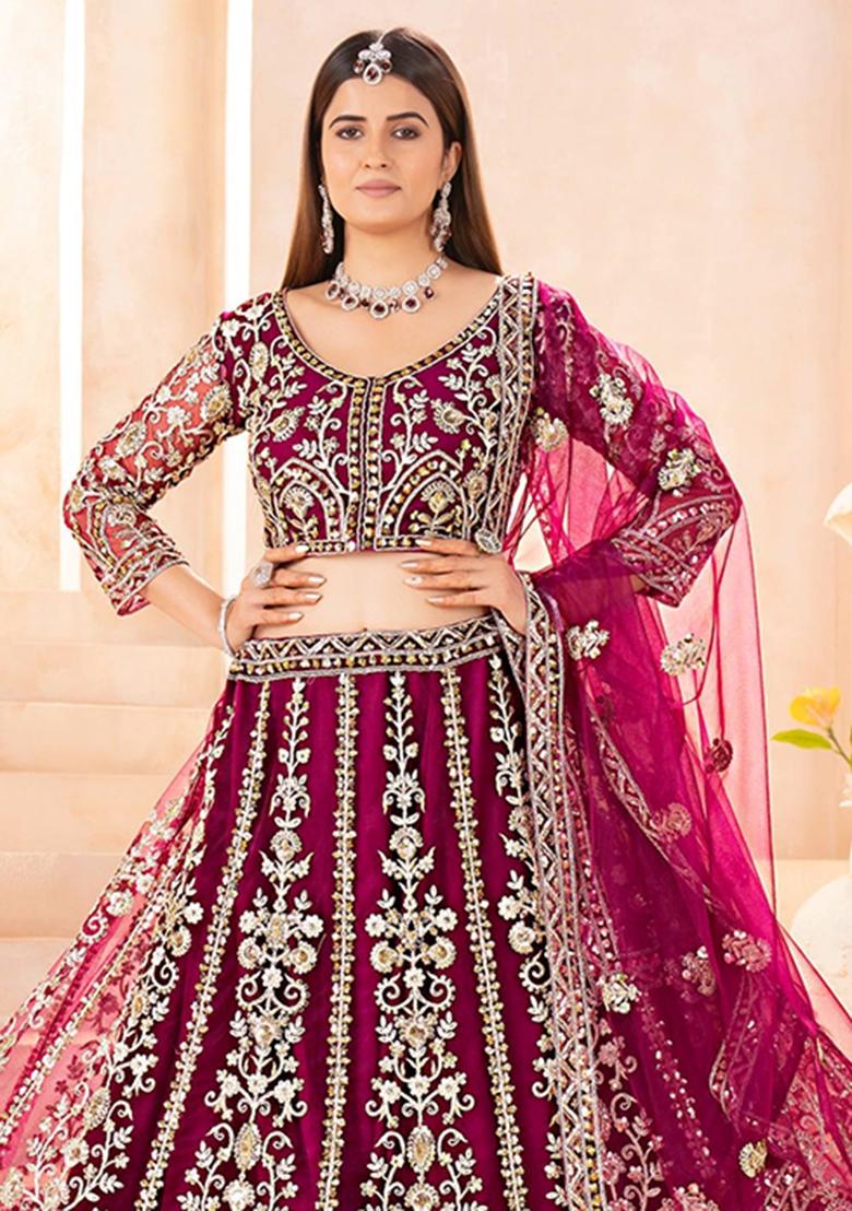 Pink Embroidery Net Lehenga Set - Indya