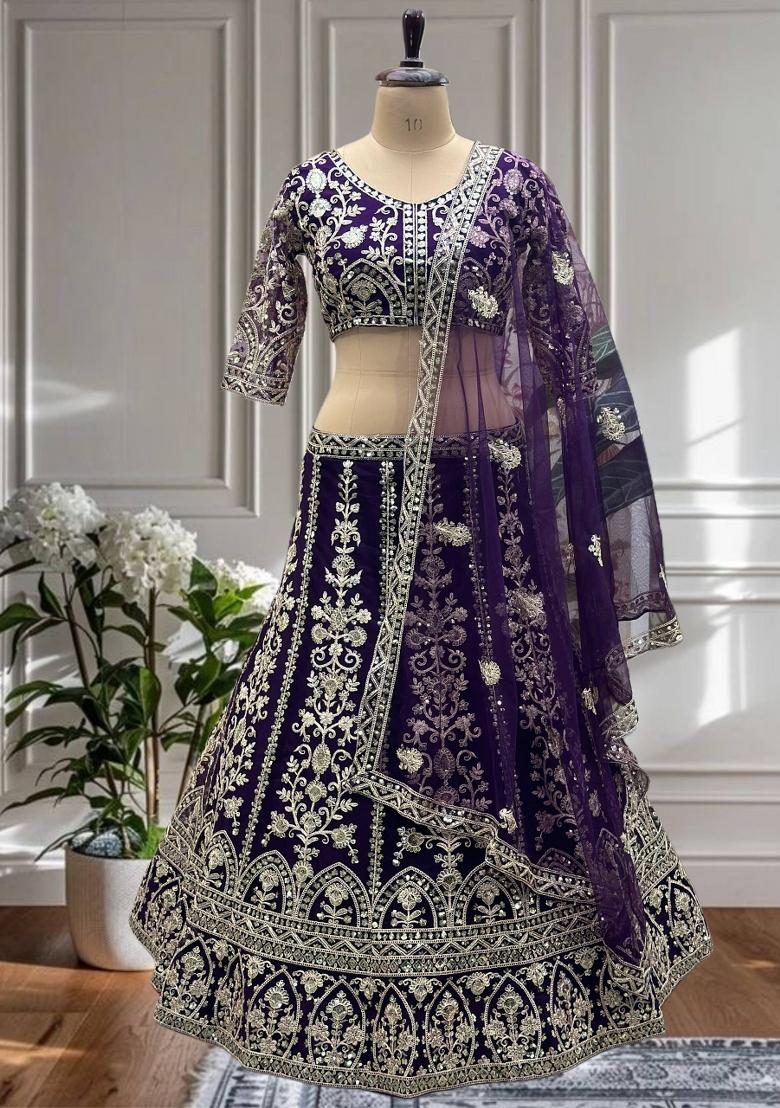 Purple Embroidery Net Lehenga Set - Indya
