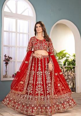 Red Embroidery Net Lehenga Set