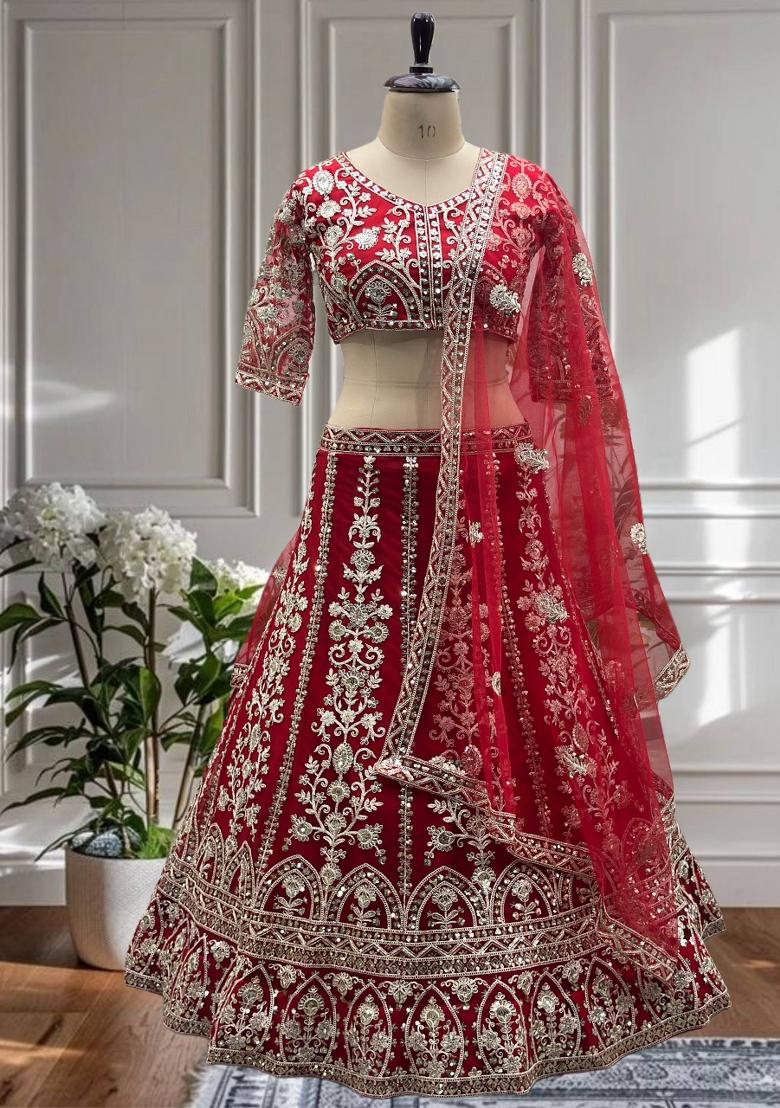 Red Embroidery Net Lehenga Set - Indya