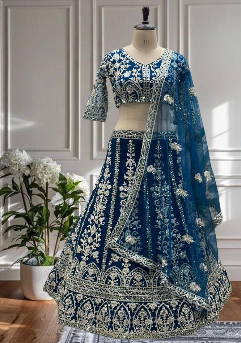 Teal Embroidery Net Lehenga Set - Indya