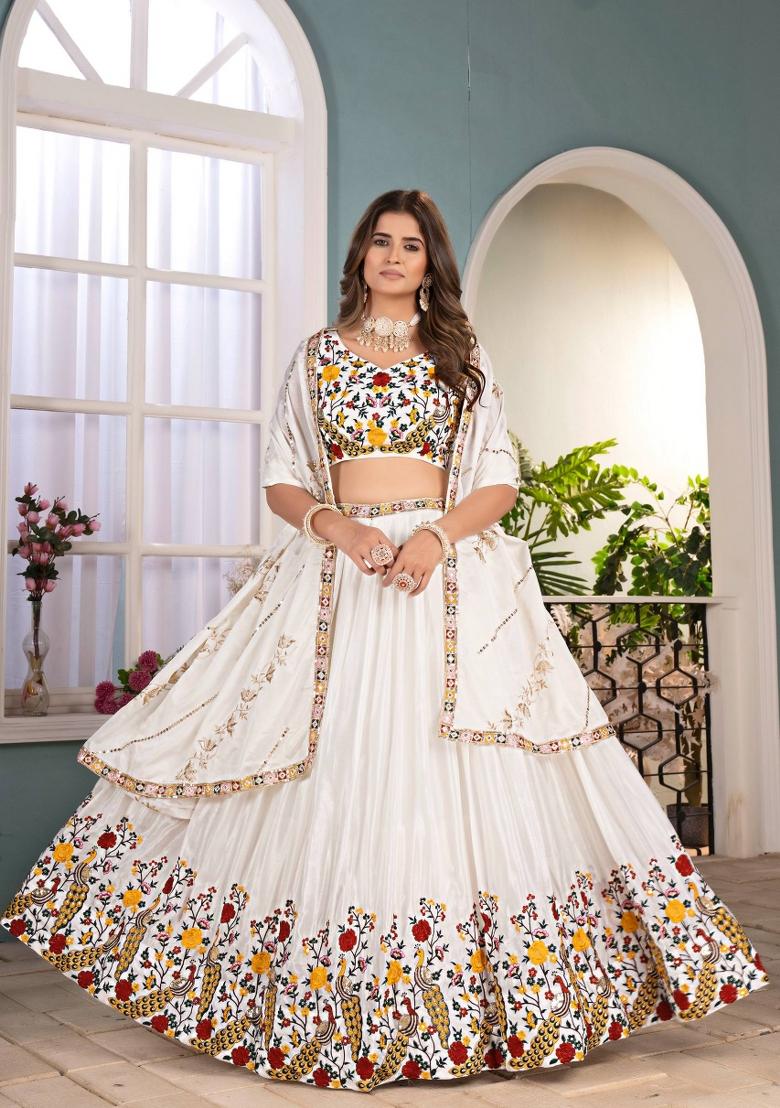 White Embroidery Chinon Lehenga Set - Indya