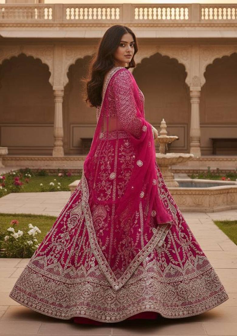 Pink Embroidery Net Lehenga Set - Indya