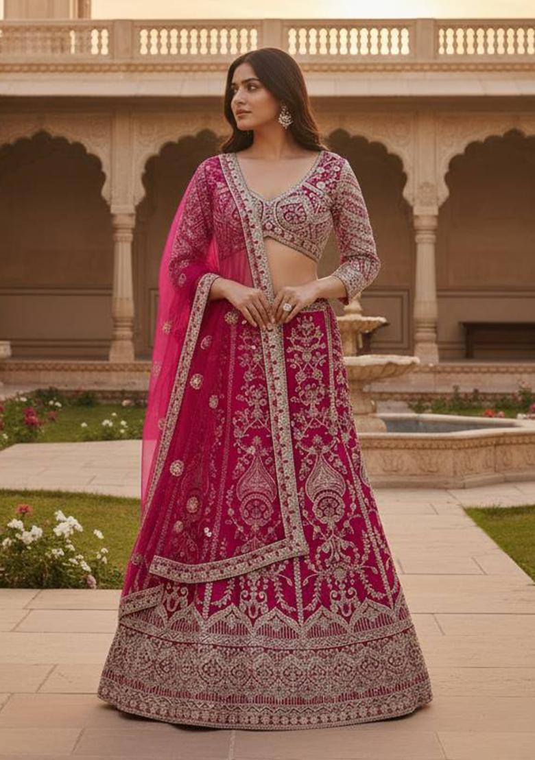 Pink Embroidery Net Lehenga Set - Indya