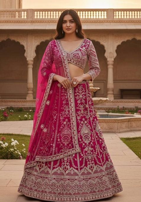 Pink Embroidery Net Lehenga Set — view on Indya