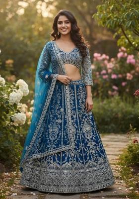 Blue Embroidery Net Lehenga Set