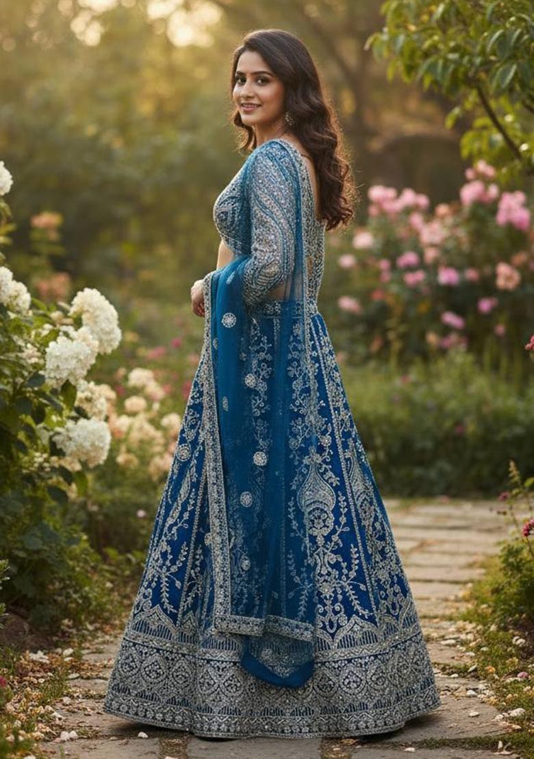 Blue Embroidery Net Lehenga Set - Indya