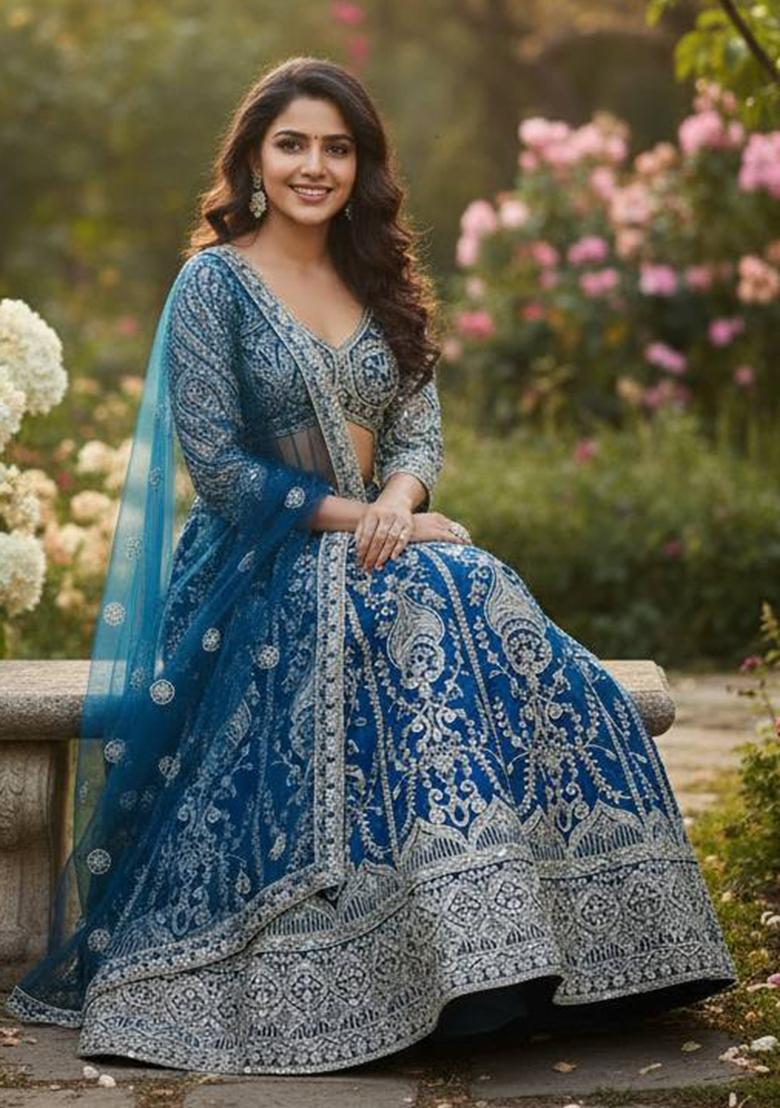 Blue Embroidery Net Lehenga Set - Indya