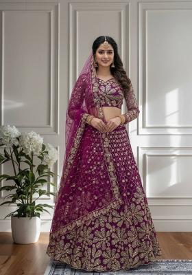 Purple Embroidery Net Lehenga Set