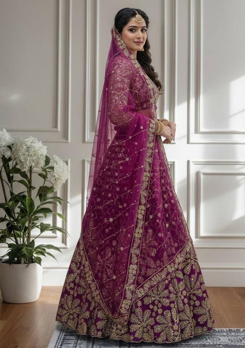Purple Embroidery Net Lehenga Set - Indya