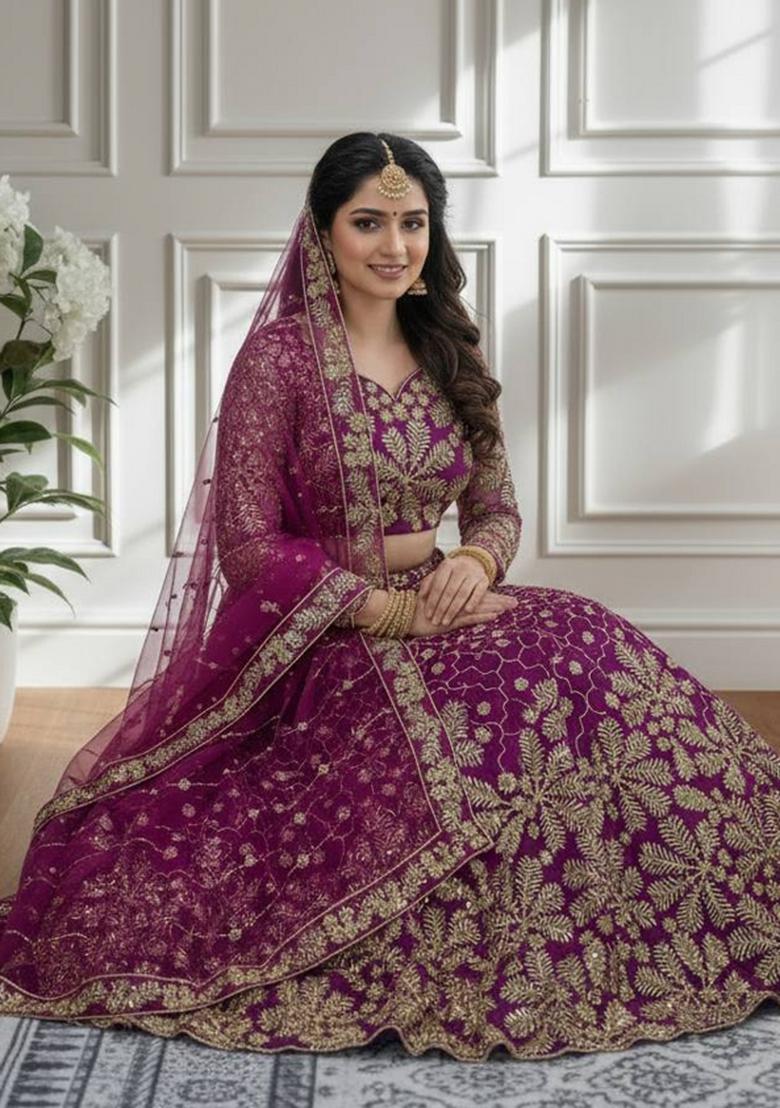 Purple Embroidery Net Lehenga Set - Indya