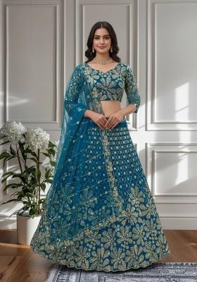 Blue Embroidery Net Lehenga Set