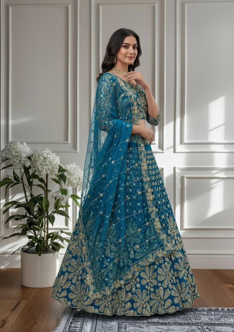 Blue Embroidery Net Lehenga Set - Indya