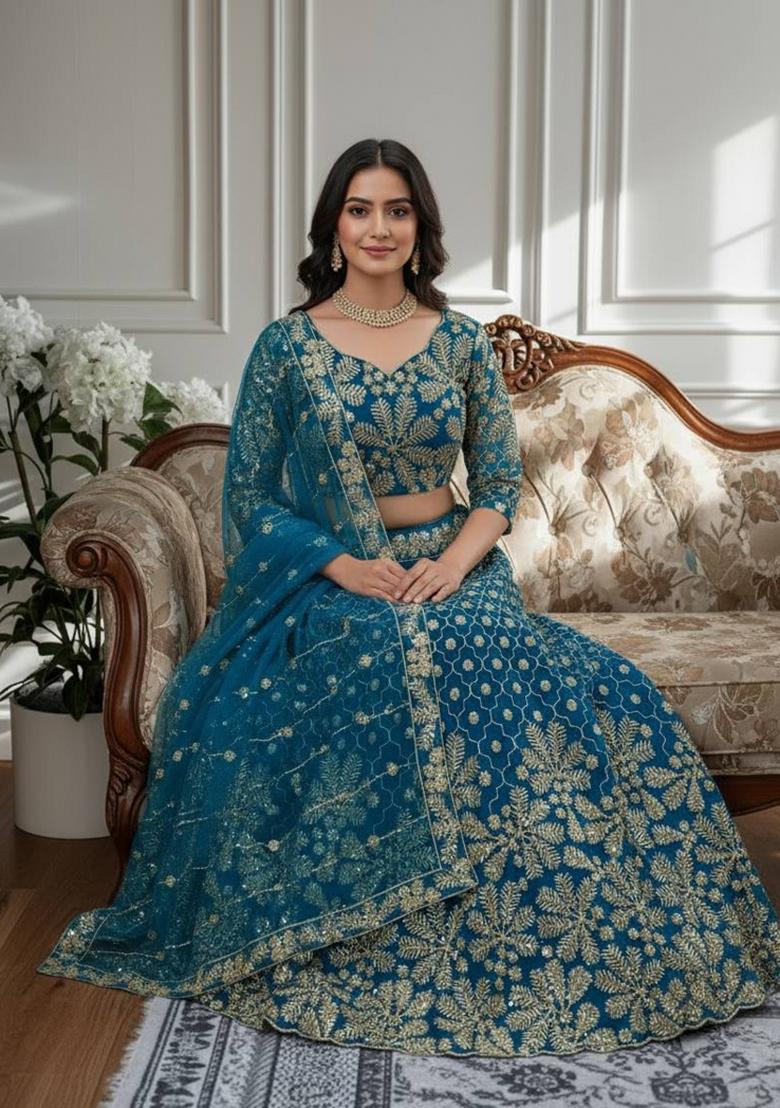 Blue Embroidery Net Lehenga Set - Indya