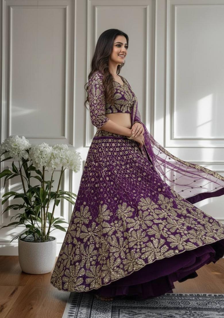 Dark Purple Embroidery Net Lehenga Set - Indya