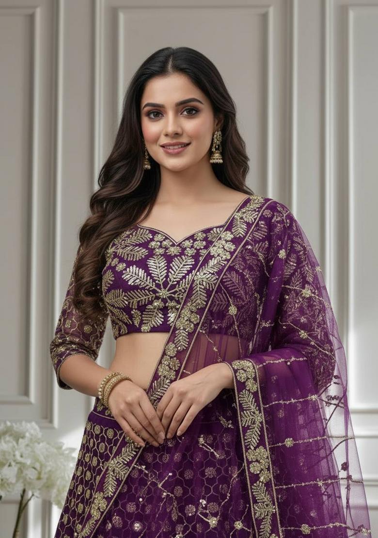 Dark Purple Embroidery Net Lehenga Set - Indya