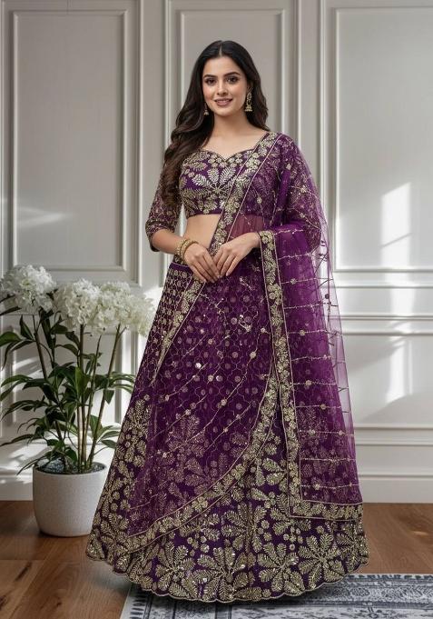 Dark Purple Embroidery Net Lehenga Set — view on Indya