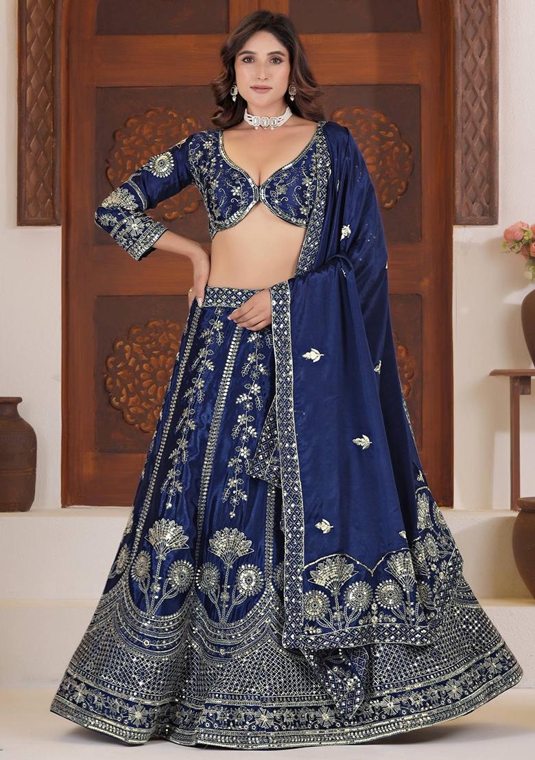 Blue Embroidery Silk Lehenga Set - Indya