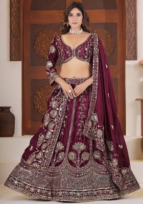 Maroon Embroidery Silk Lehenga Set