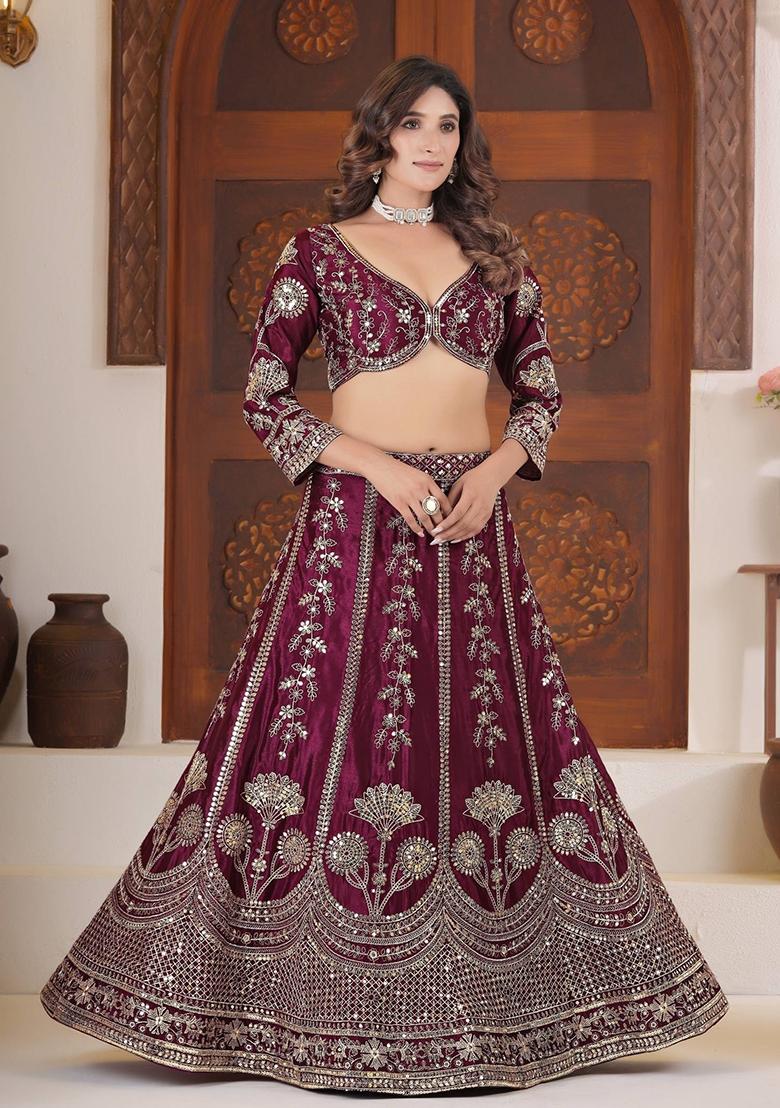 Maroon Embroidery Silk Lehenga Set - Indya