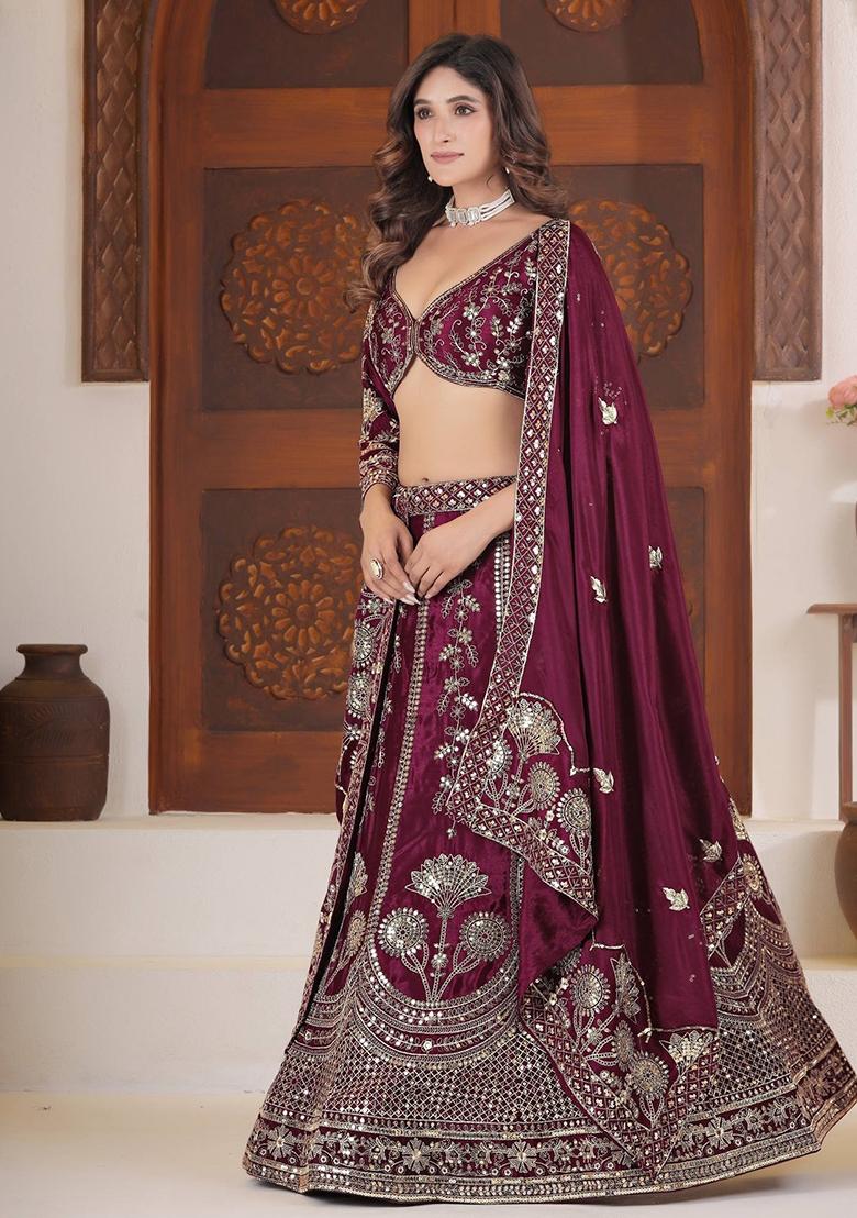 Maroon Embroidery Silk Lehenga Set - Indya