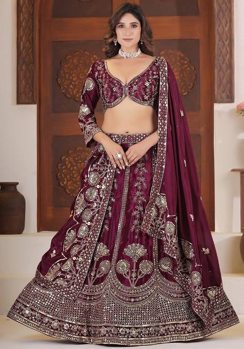 Maroon Embroidery Silk Lehenga Set