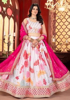 White And Pink Embroidery Chinon Lehenga Set