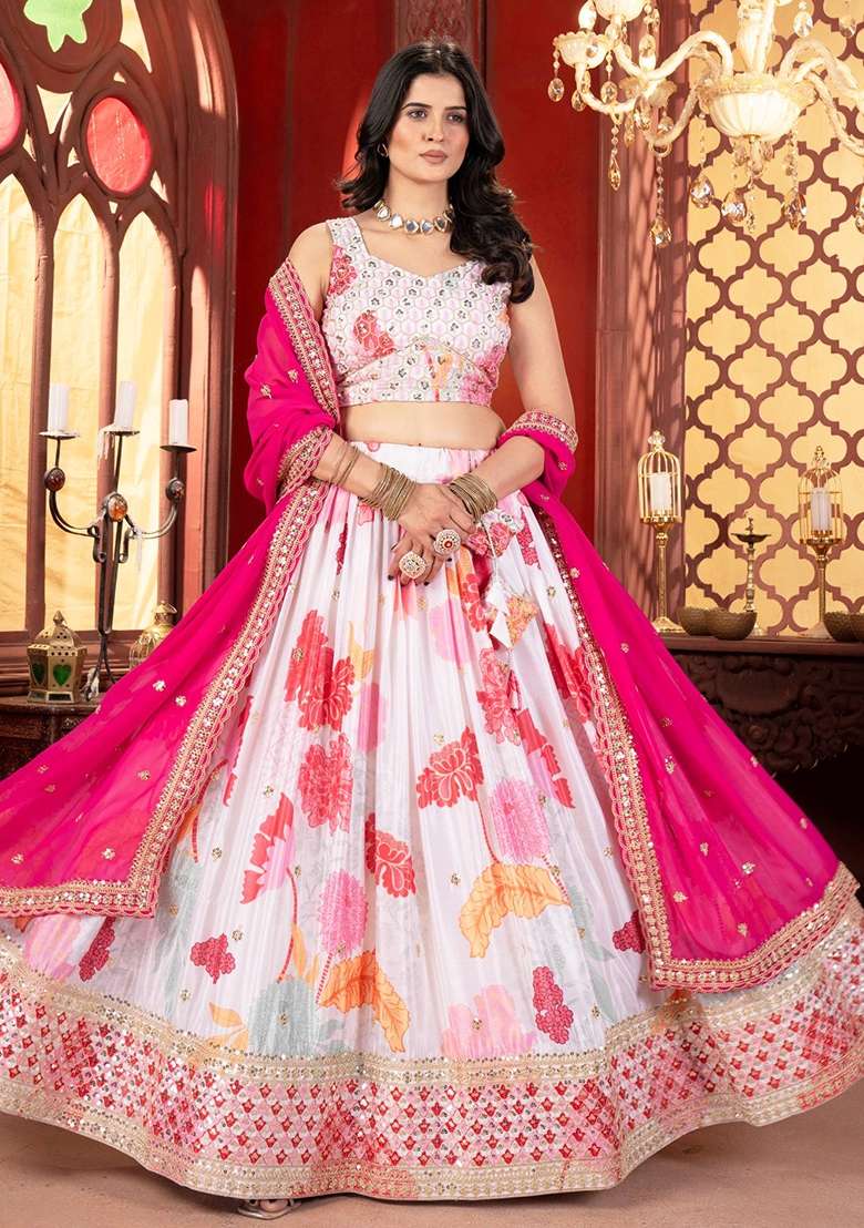 White And Pink Chinon Lehenga Set with Embroidery for Diwali | Wedding & Festive Wear - Indya